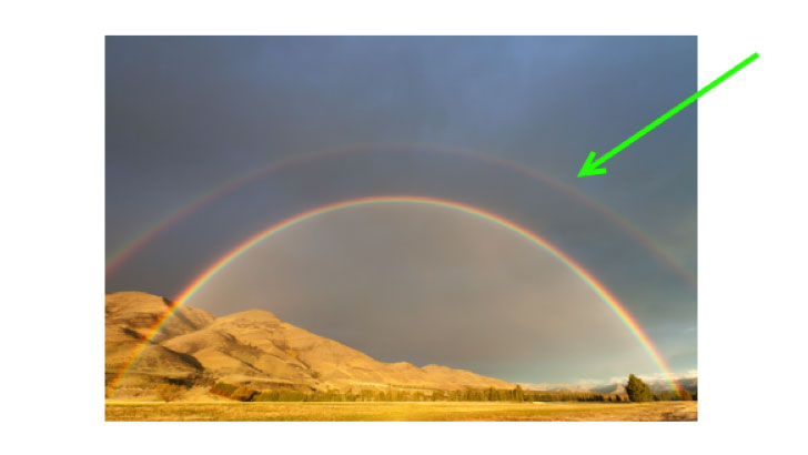 a double rainbow over a mountain range with an arrow emphasizing the second rainbow