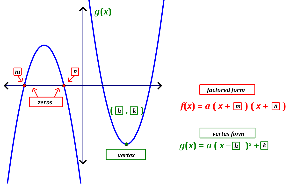 Image shows two parabolas. The parabola on the left is labeled as f of x. It opens downward, and crosses the x axis at zeros m and n. The parabola on the right is labeled g of x. It opens up, and has a vertex h comma k.The general factored form of a quadratic function is f of x equals a times the quantity of x plus m times the quantity of x plus n. The general vertex form of a quadratic function is g of x equals a times the quantity x minus h squared plus k.