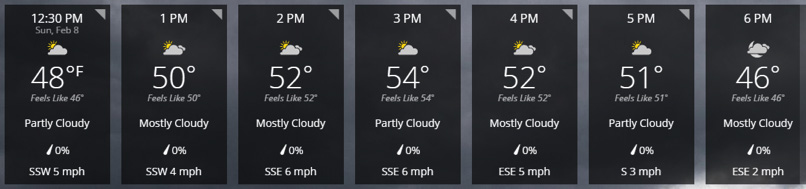 This image shows the change in temperature for one day. At 12:30pm, it is 48 degrees, at 1pm it is 50 degrees, at 2pm it is 52 degrees, at 3pm it is 54 degrees, at 4pm it is 52 degrees, at 5pm it is 51 degrees, and at 6pm it is 46 degrees.